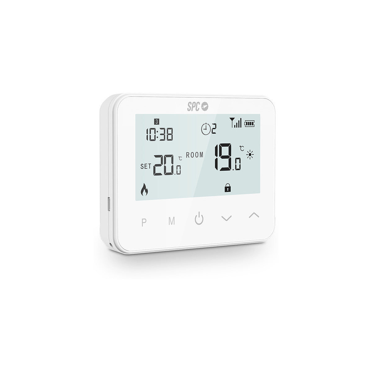 Termostato inteligente blanco que muestra la hora, la temperatura establecida y la ambiente, e iconos en un fondo blanco.