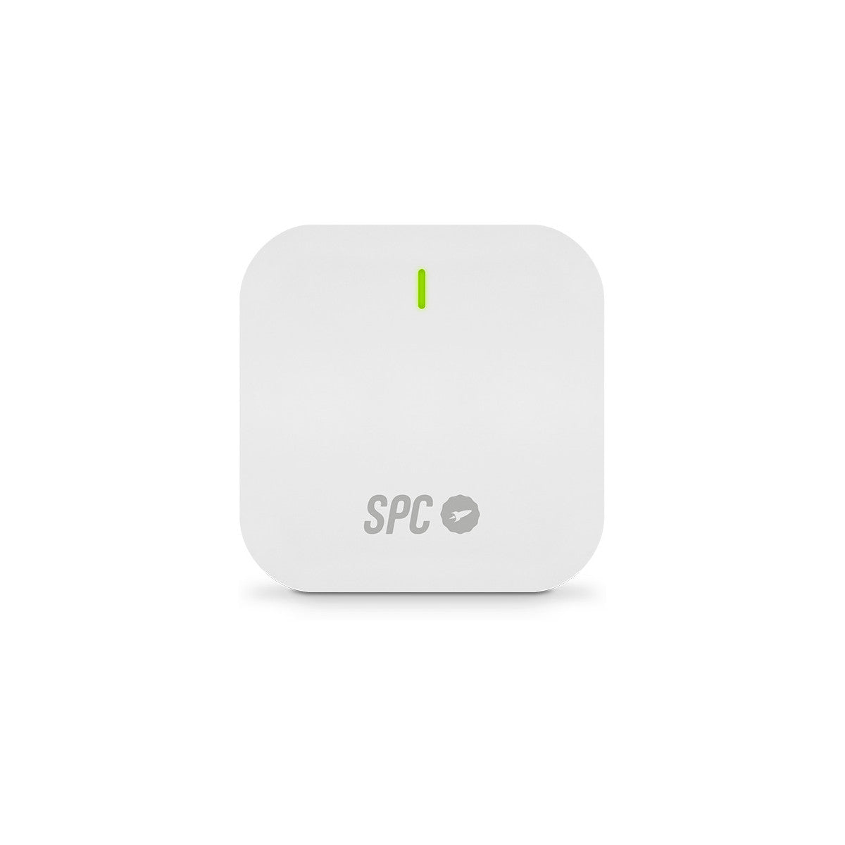 Un dispositivo cuadrado blanco con una luz verde y las letras SPC. Diseño simple y limpio.
