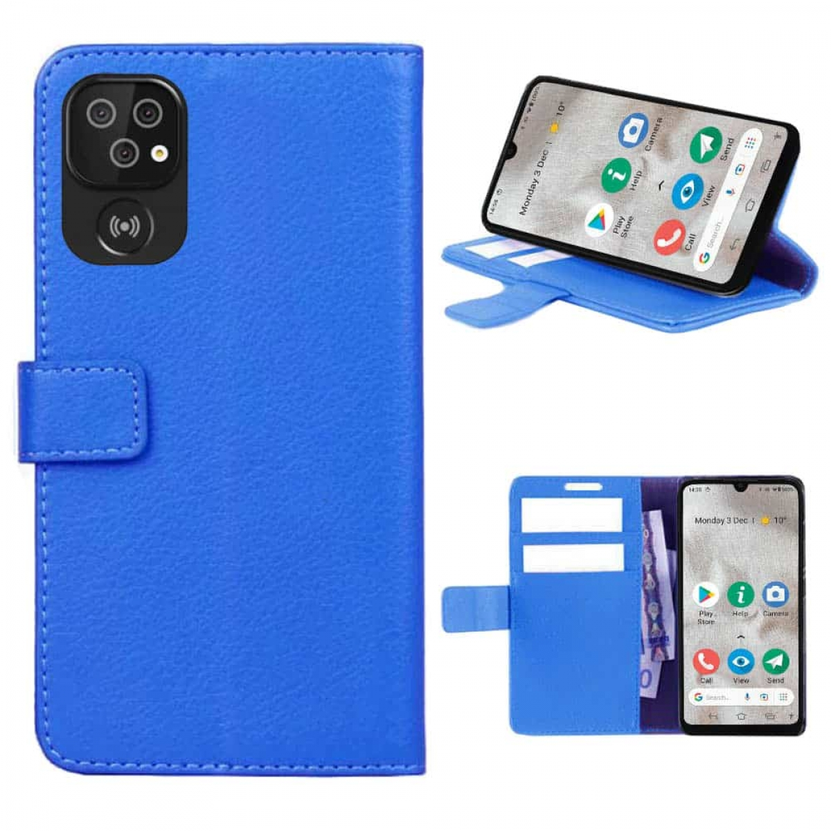 Eine blaue Handyhülle mit einem Telefon darin. Mehrere Ansichten werden mit dem sichtbaren Bildschirm des Telefons gezeigt.