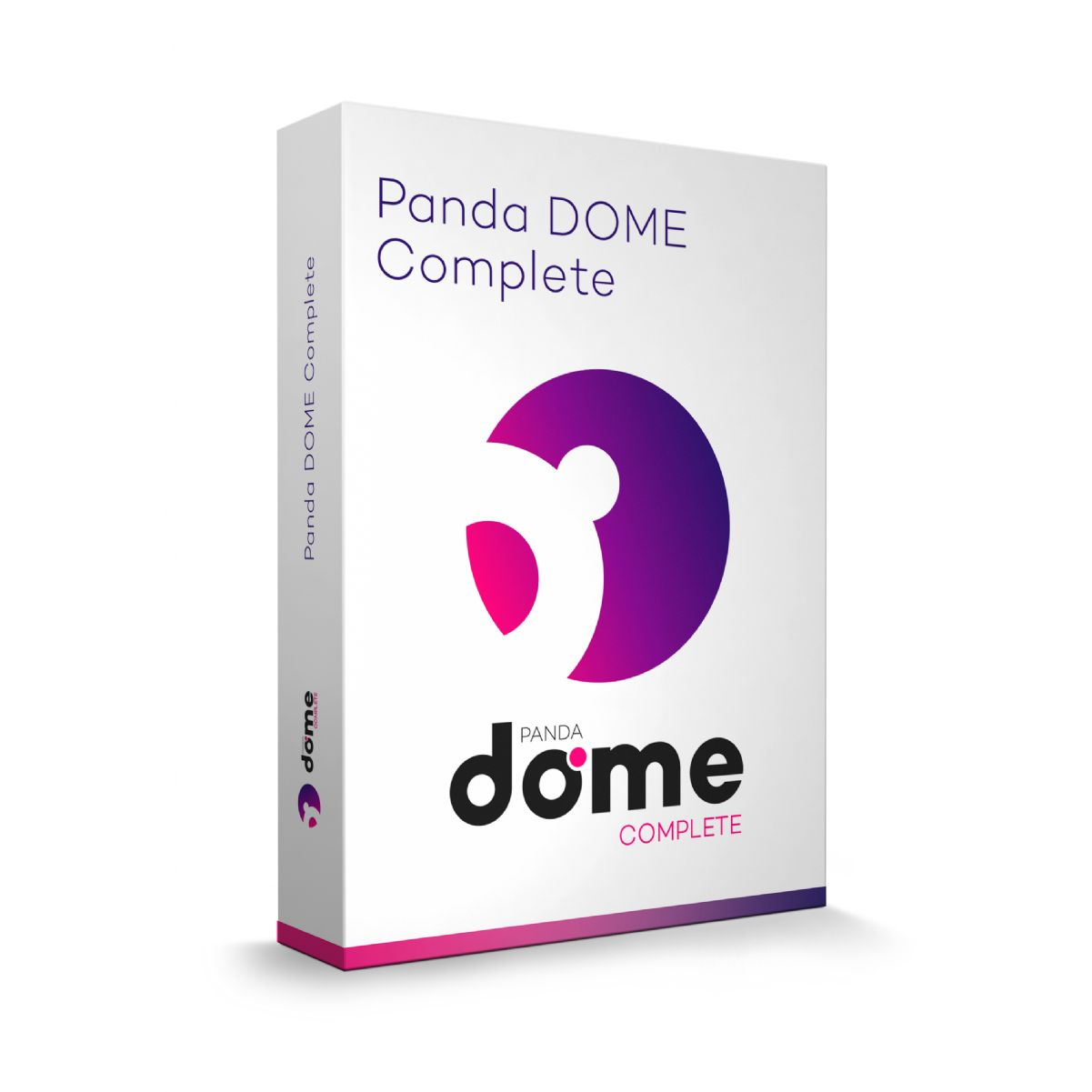 Una caja de software 'Panda DOME Complete' con un diseño morado y rosa.