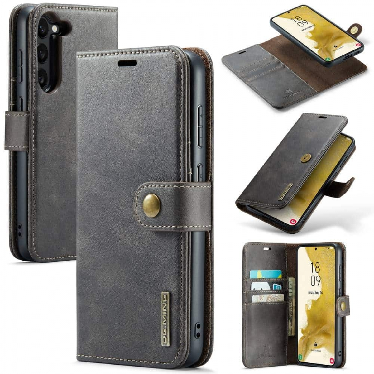 Eine Handyhülle mit Telefon darin. Die Hülle ist braun und grau, mit Kartenfächern und Knopfverschluss.