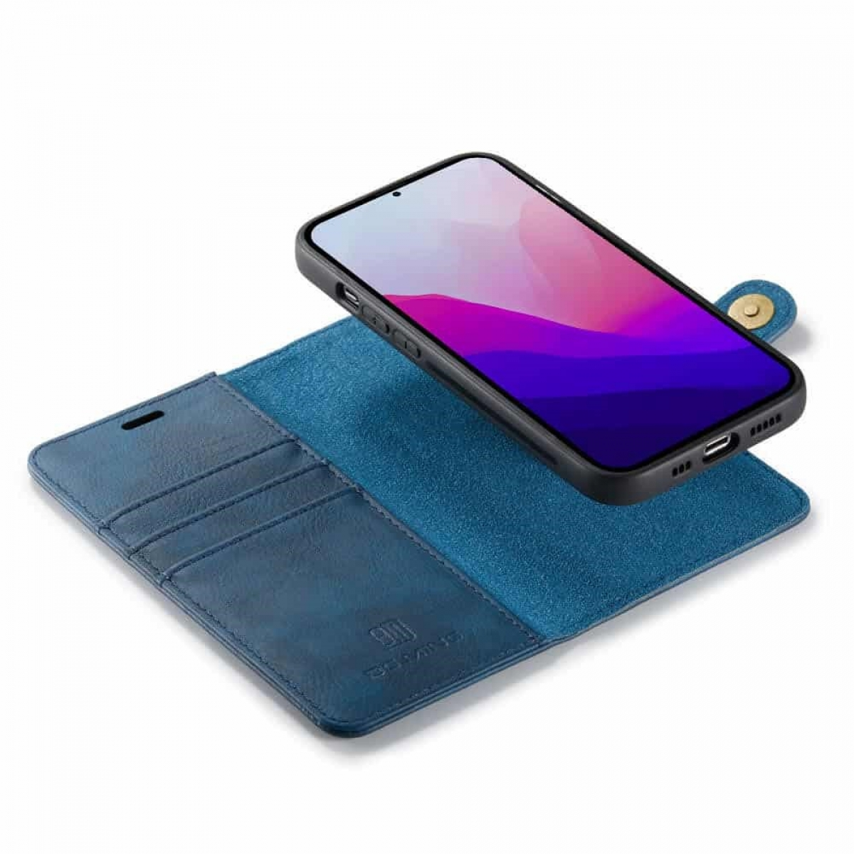 Blaue Handyhülle geöffnet, mit Telefon und Kartenfächern.
