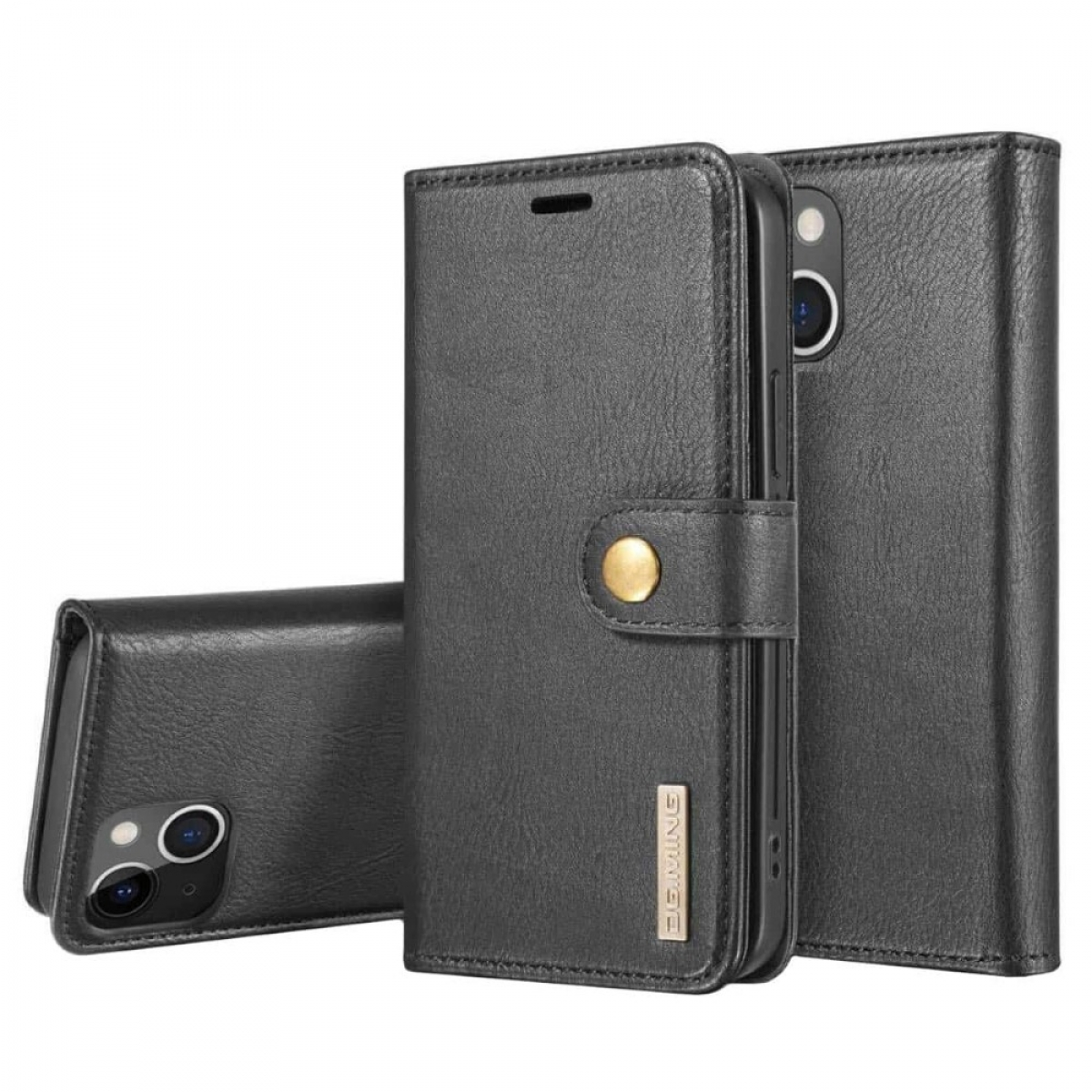 Schwarze Leder-Handyhülle mit Knopfverschluss. Die Hülle ist geschlossen und offen, das Telefon zeigend.