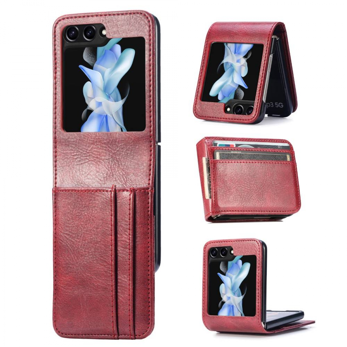 Rote Handyhülle mit Brieftaschenfunktion. Zeigt das Telefon in verschiedenen Positionen. Rotes Leder außen.