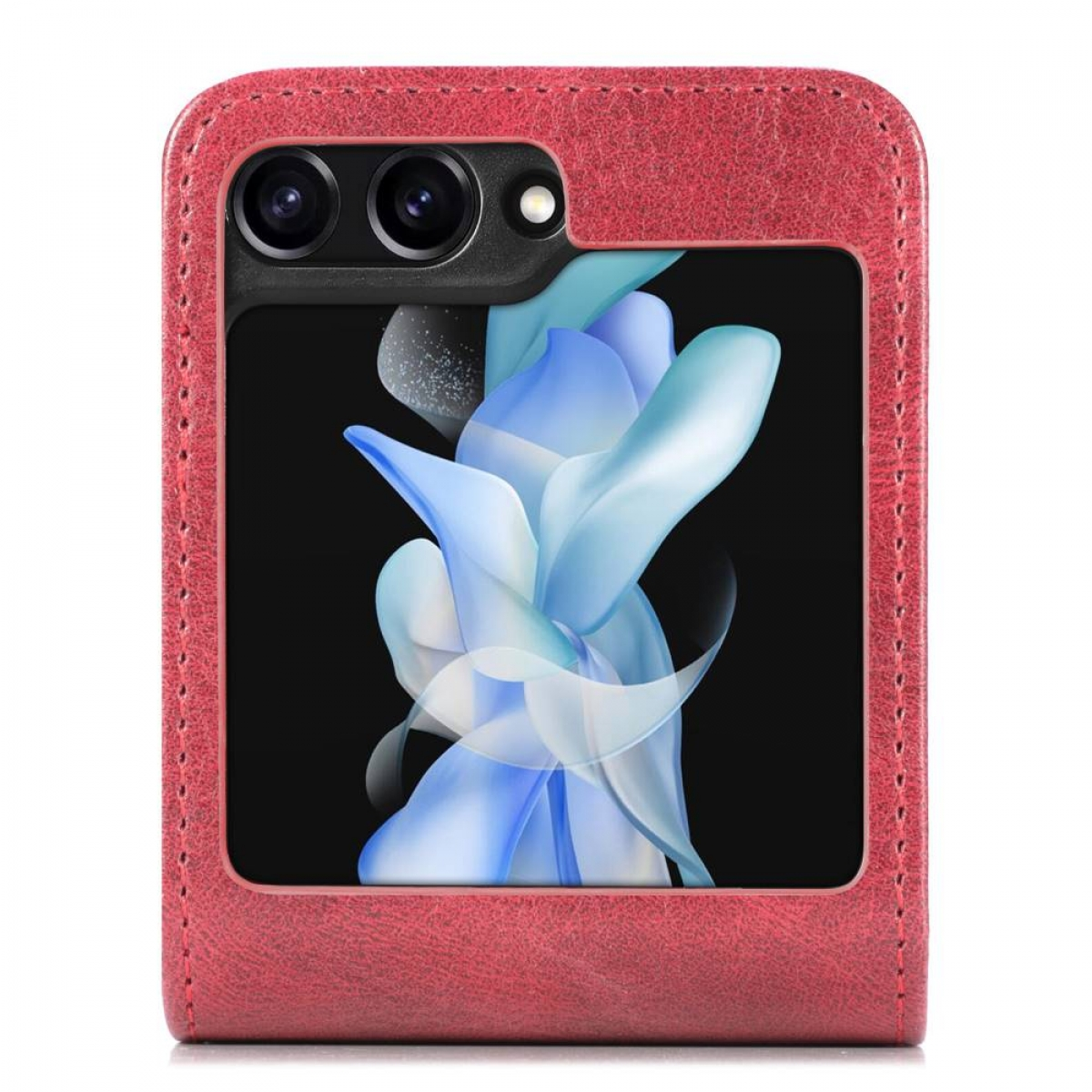 Rote Handyhülle. Das Telefon ist durch ein Fenster sichtbar, das ein blaues und weißes Design zeigt.