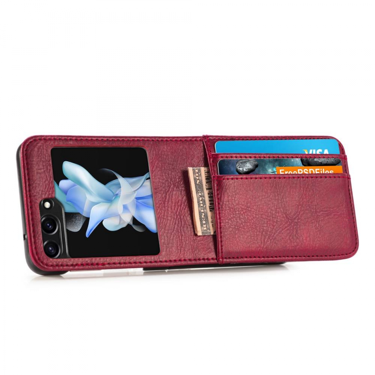 Rote Handyhülle geöffnet mit Telefon, Karten und Bargeld. Der Hintergrund ist weiß.