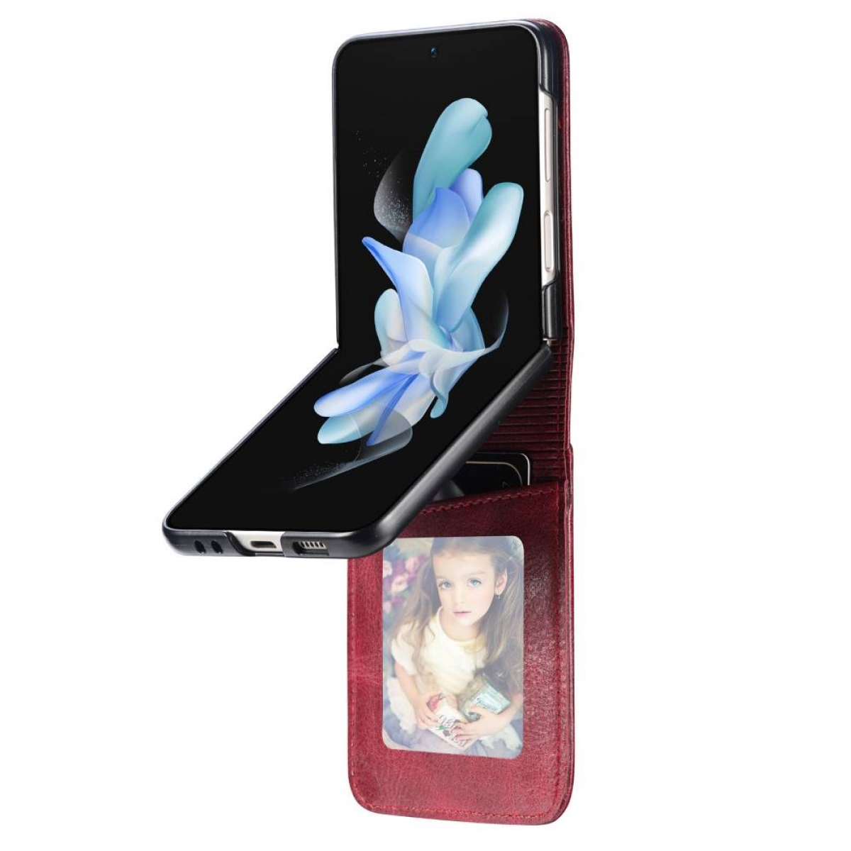 Eine weinrote Leder-Handyhülle hält ein Telefon. Innen ist ein Bild eines Mädchens. Das Telefon ist offen.