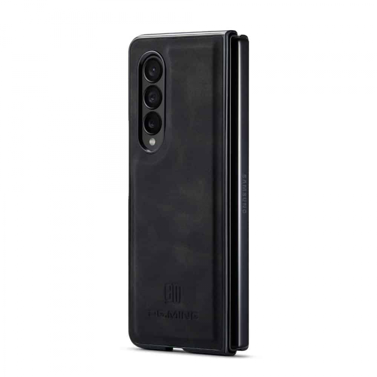 Ein schwarzes, zusammenklappbares Telefon, geschlossen, zeigt die Rückseite. Das Telefon hat eine Dreifachkamera.