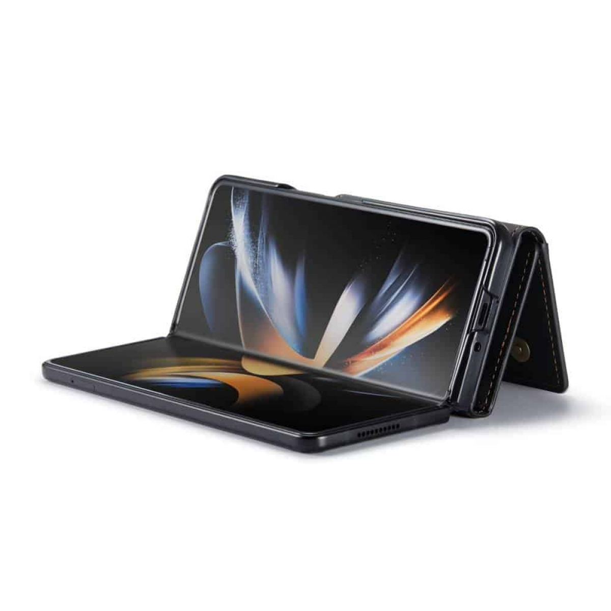 Faltbares Telefon offen. Der Bildschirm zeigt ein abstraktes Design. Schwarze Handyhülle. Weißer Hintergrund.