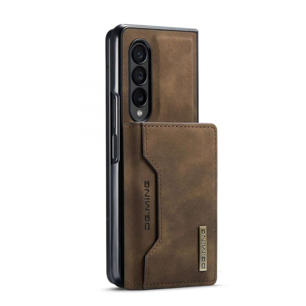Eine braune Handyhülle mit einem Portemonnaie, die das Telefon und das angebrachte Portemonnaie zeigt.