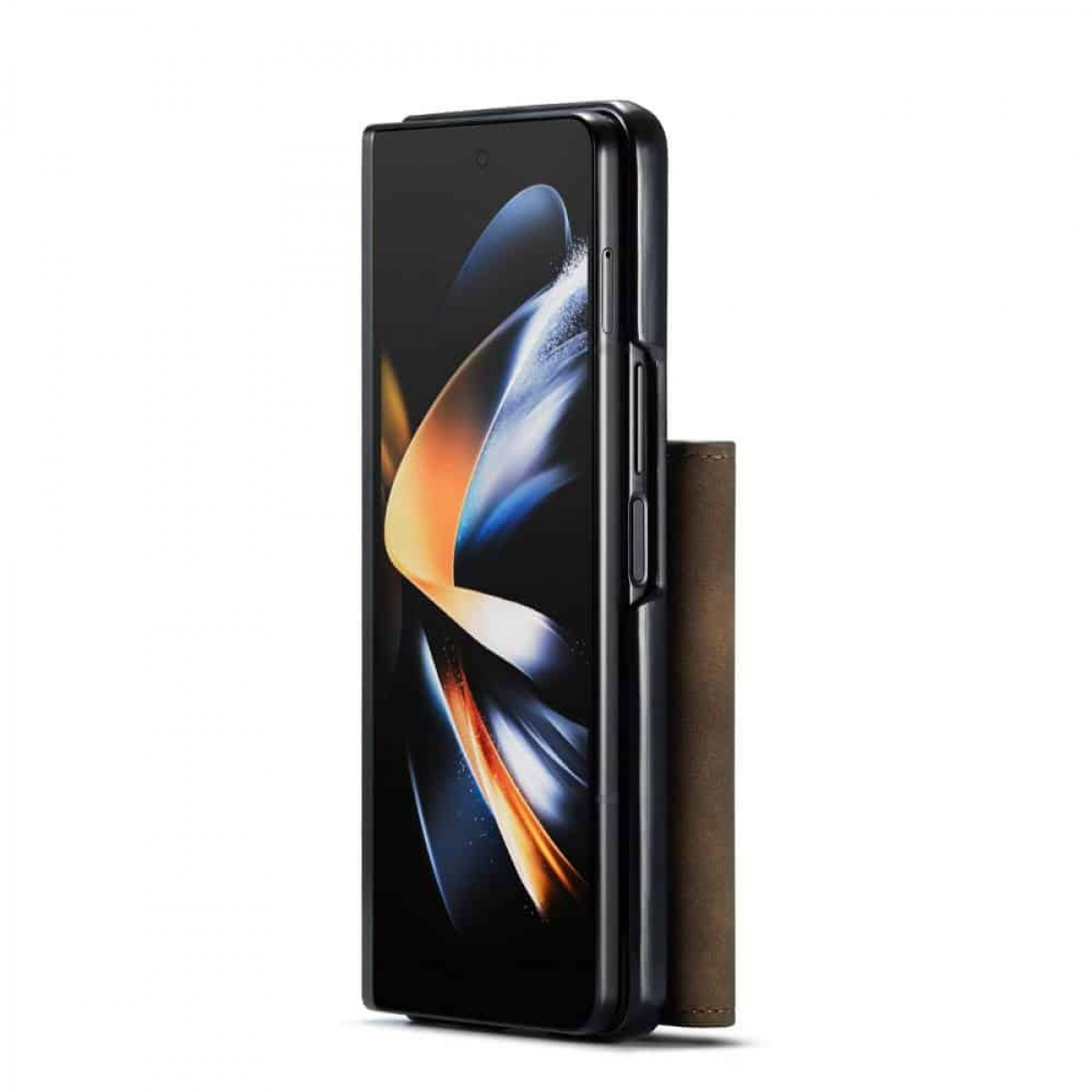 Ein gefaltetes schwarzes Telefon mit Hülle. Die Innenseite des Telefons ist sichtbar.