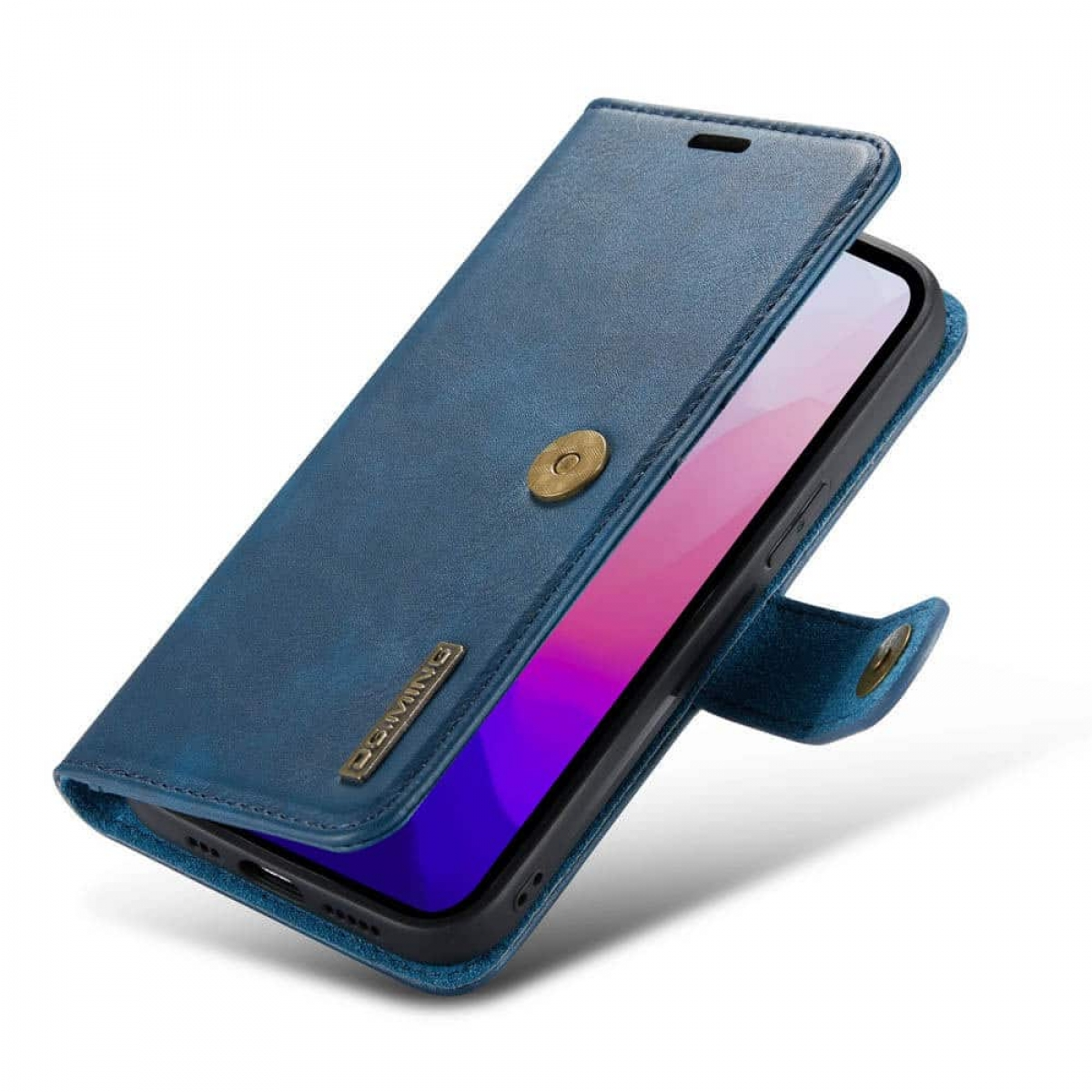 Blaue Leder-Handyhülle, geöffnet, um ein Telefon zu zeigen, mit Knopfverschluss und der Marke 'DG.MING'.