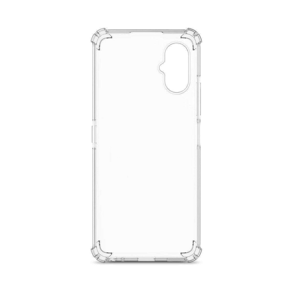 Una funda transparente para teléfono con protectores en las esquinas. La funda está vacía, mostrando la parte trasera del teléfono.