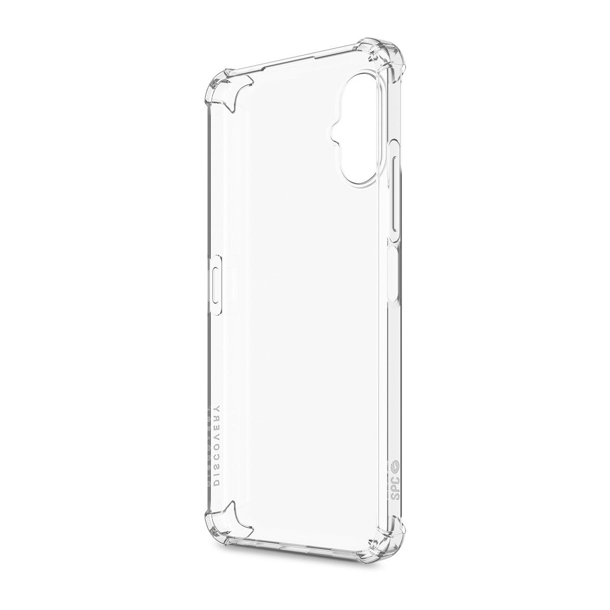 Una funda transparente para teléfono. La funda tiene esquinas reforzadas y aberturas para botones y puertos.