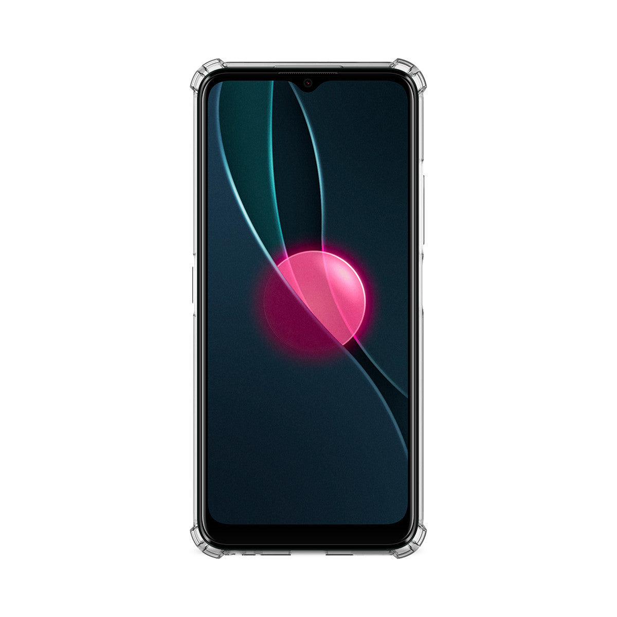 Smartphone con funda protectora. Pantalla muestra fondo oscuro con líneas rosa y azul oscuro.