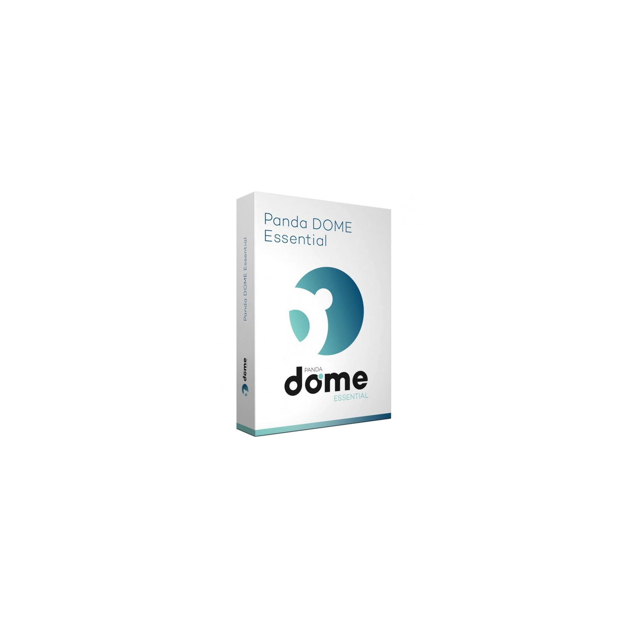 Białe pudełko oprogramowania 'Panda DOME Essential'. Pudełko ma turkusowy wzór na białym tle.