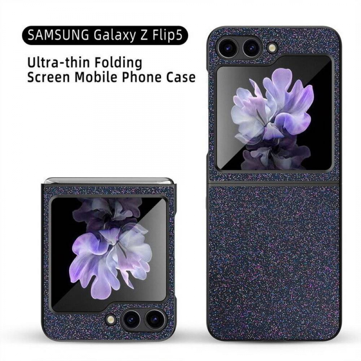 Samsung Galaxy Z Flip5 Hülle. Zwei Ansichten der Hülle werden gezeigt. Die Hülle hat eine dunkle, glitzernde Farbe.