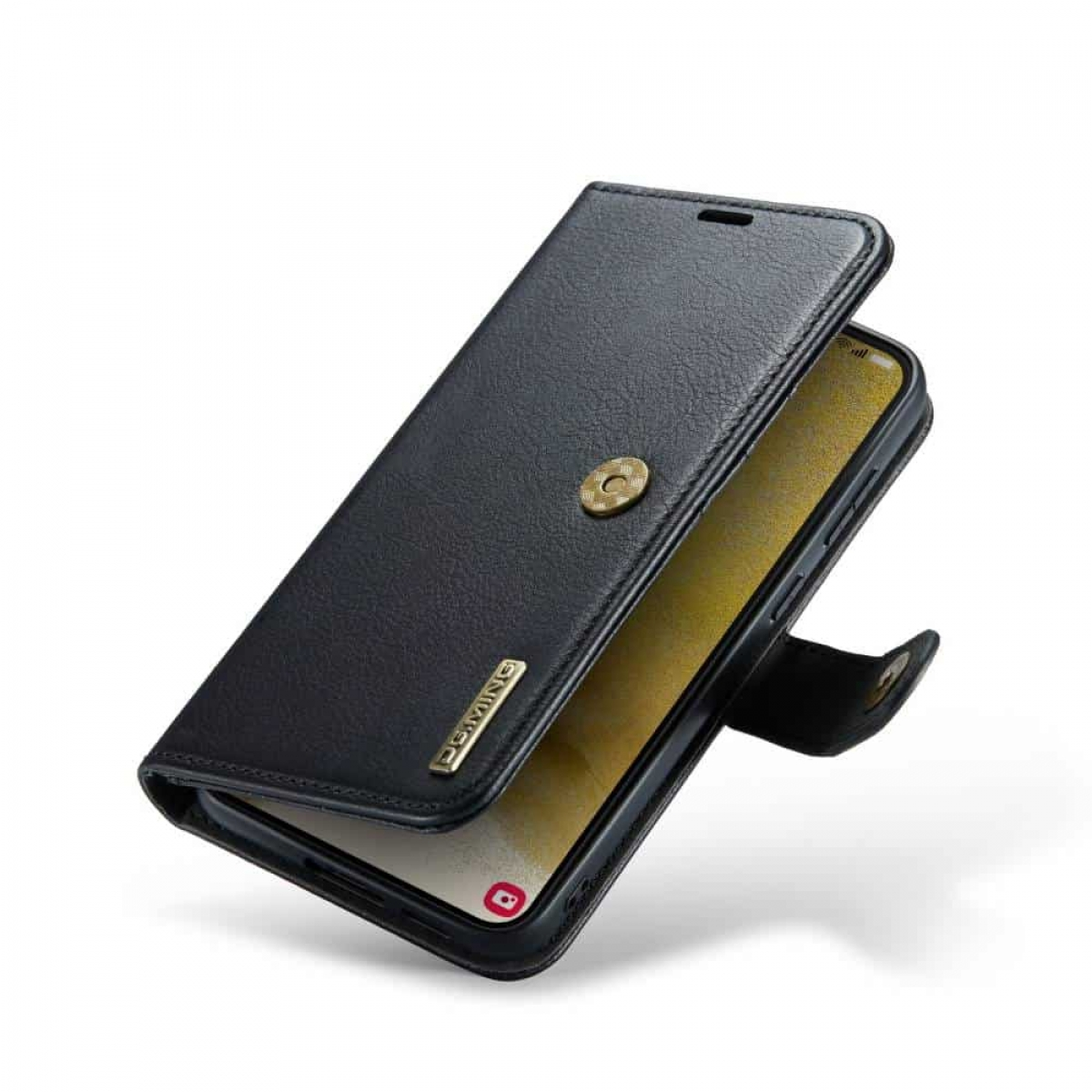 Eine schwarze Leder-Handyhülle mit Knopfverschluss, die ein Telefon im Inneren zeigt.