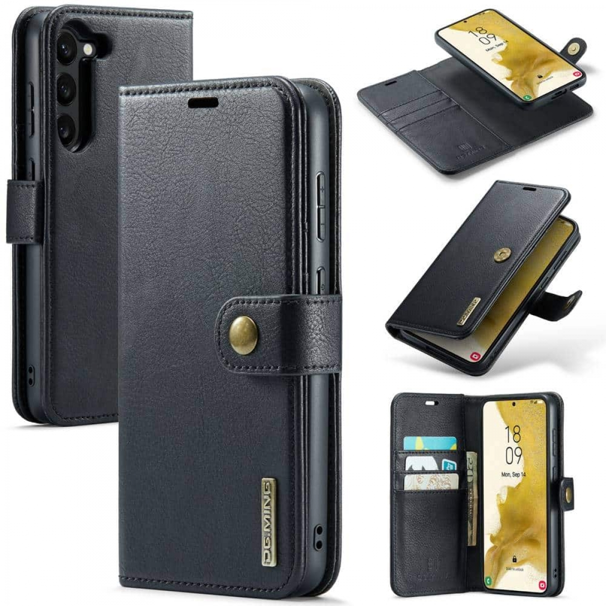 Schwarze Handyhülle mit Knopf und Telefon darin. Mehrere Winkel werden gezeigt.