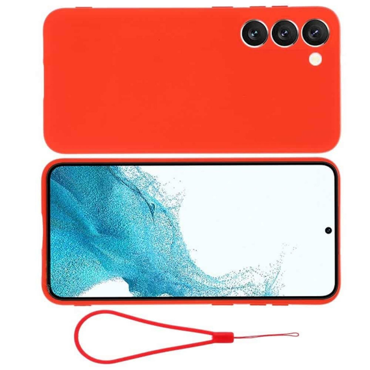 Eine orangefarbene Handyhülle mit Telefon, einem Riemen und drei Kameralinsen auf der Rückseite.