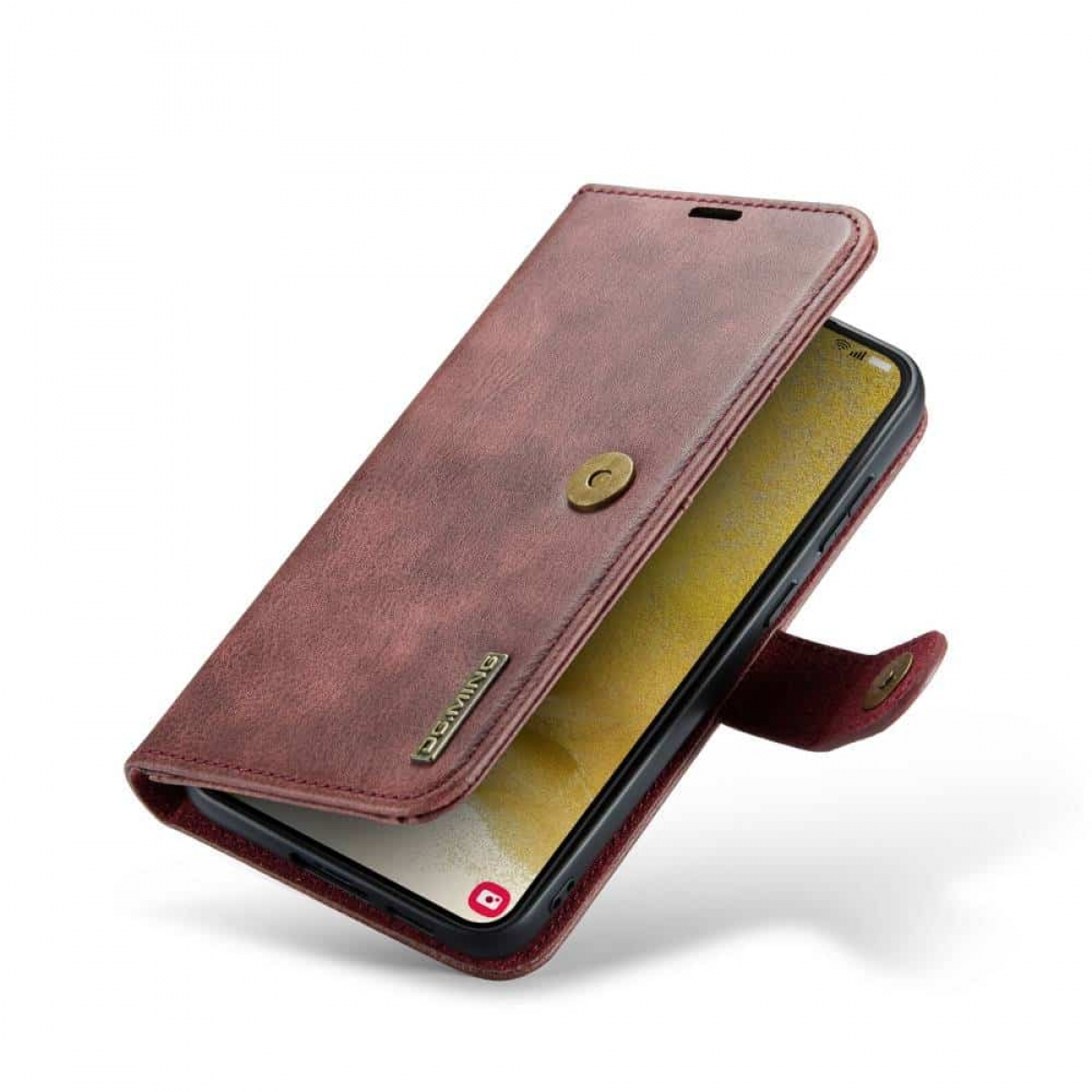 Burgunderfarbenes Leder-Handycase, Telefon teilweise sichtbar.