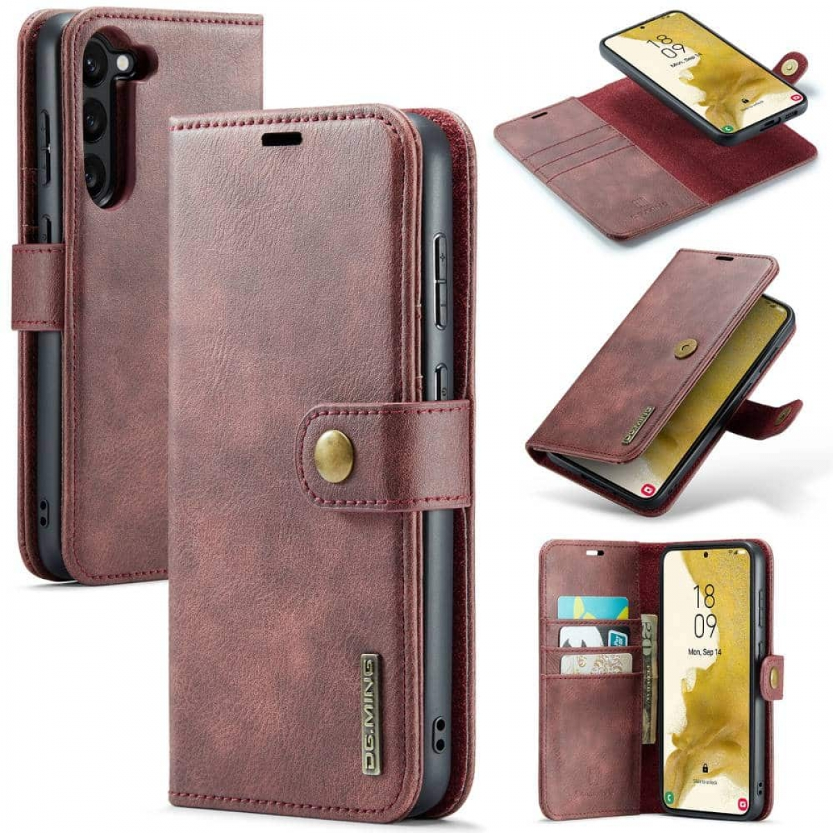 Braune Leder-Handyhülle in mehreren Ansichten, die das Telefon zeigt.