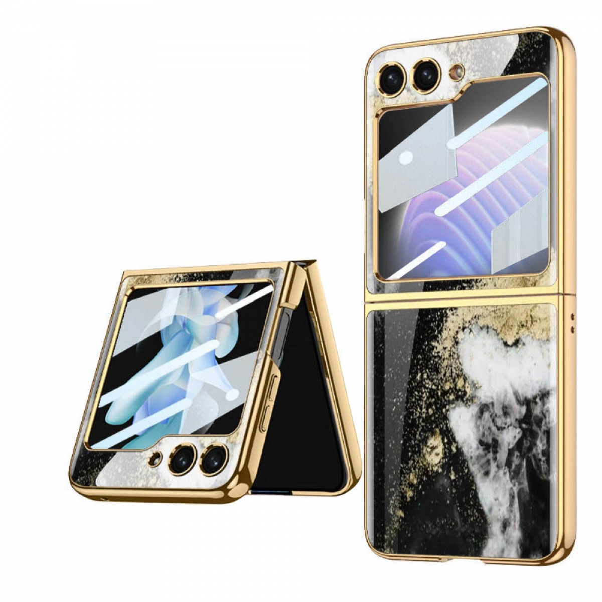 CASEONLINE Marble Glass Case, Backcover, Gold 5, Nero Flip Samsung, Z
