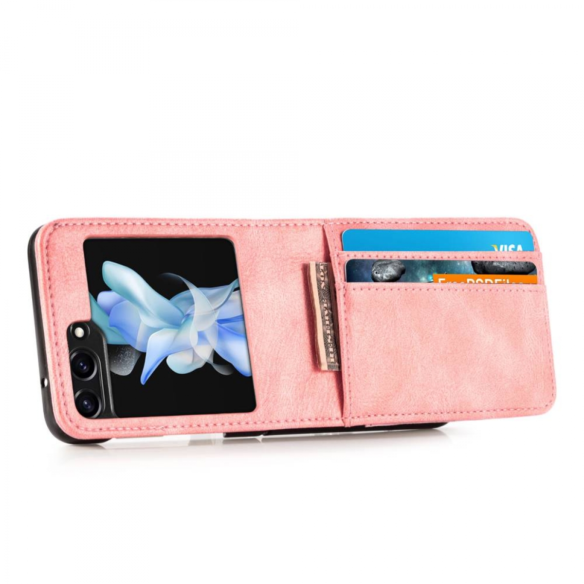 Rosa Handyhülle mit Telefon, Karten und Bargeld sichtbar. Sie ist offen und zeigt die Gegenstände im Inneren.