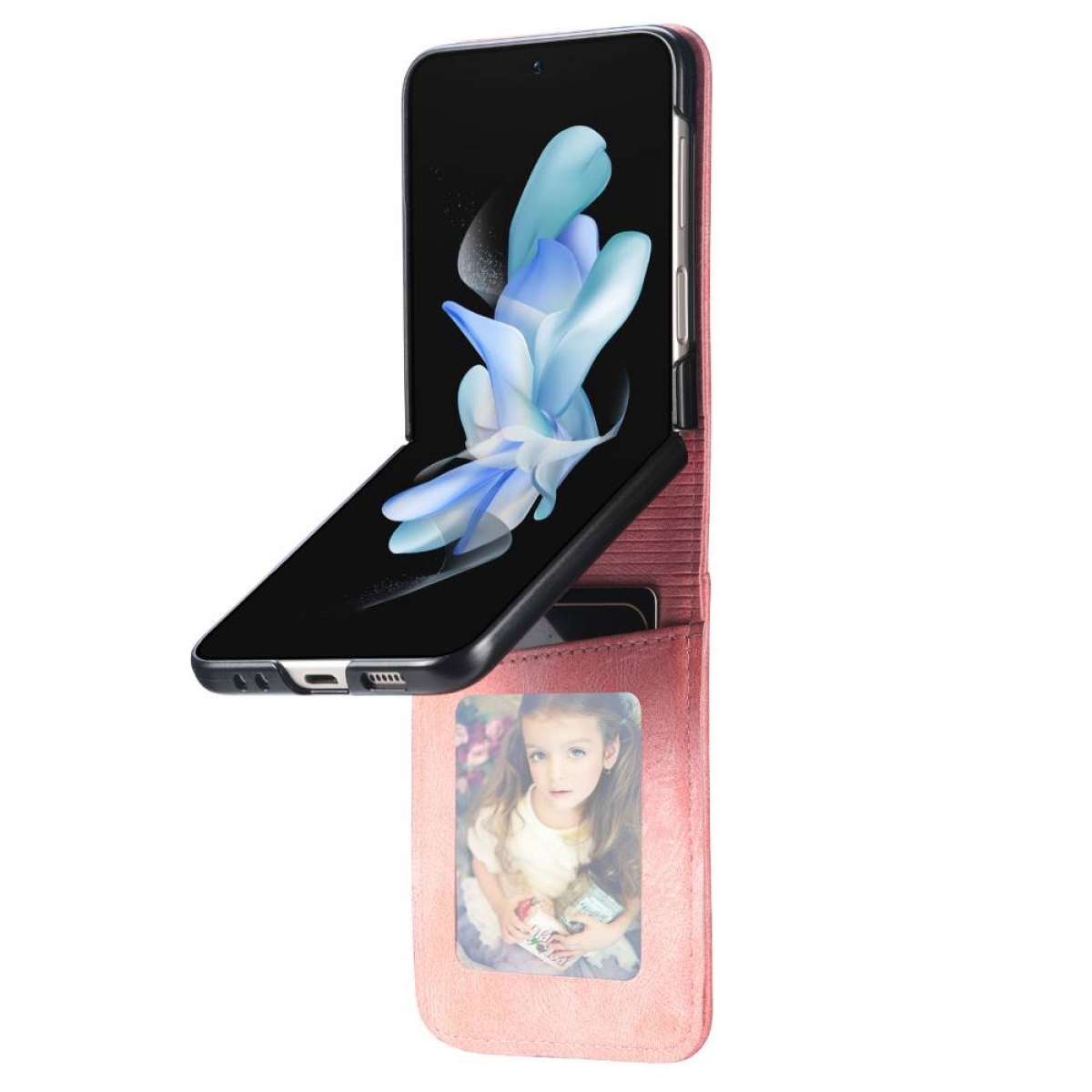 Pinkfarbene Handyhülle, geöffnet, mit Foto eines Mädchens und Handybildschirm mit Blume.