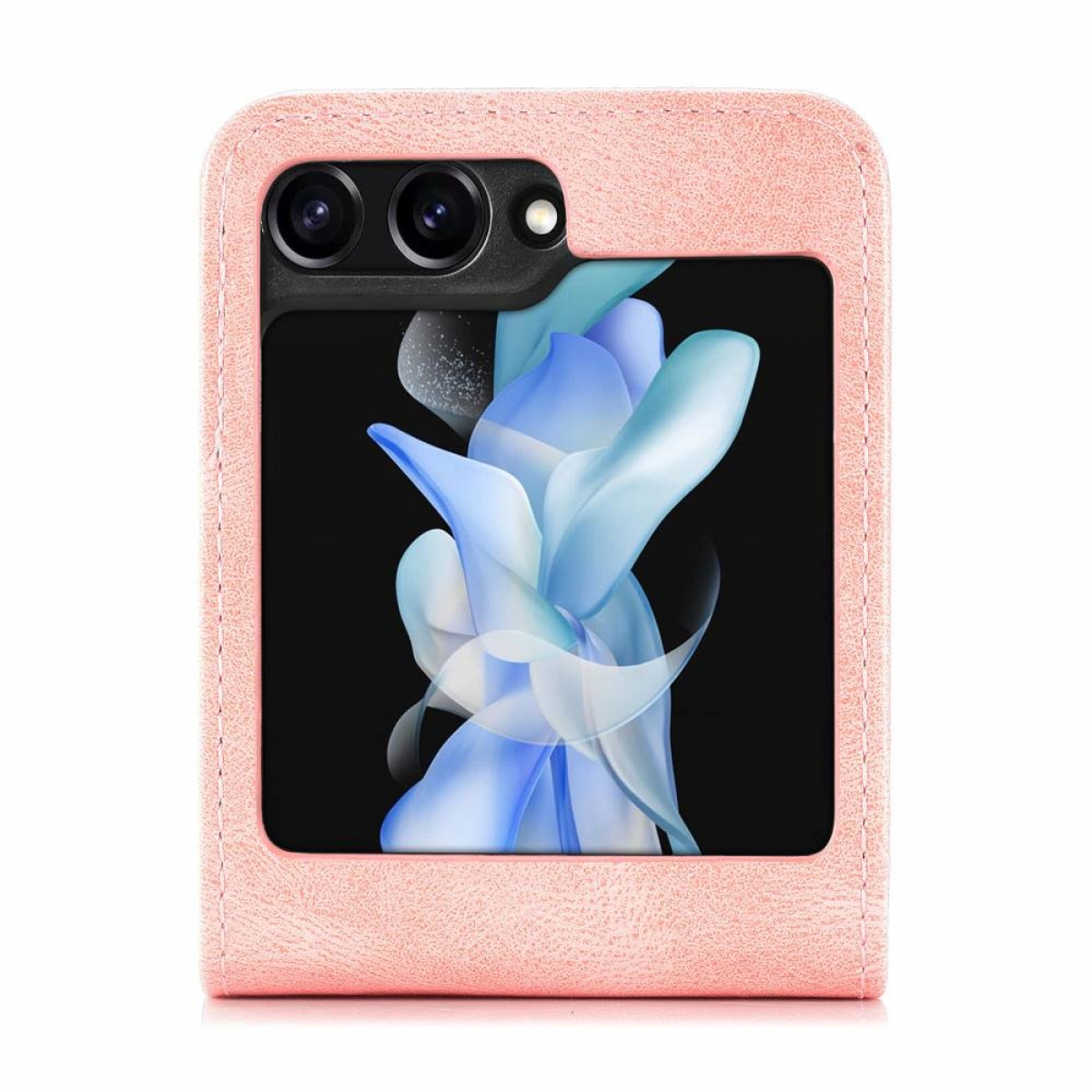 Rosa Handyhülle mit einem Telefon darin. Der Bildschirm zeigt ein blaues und weißes Design.