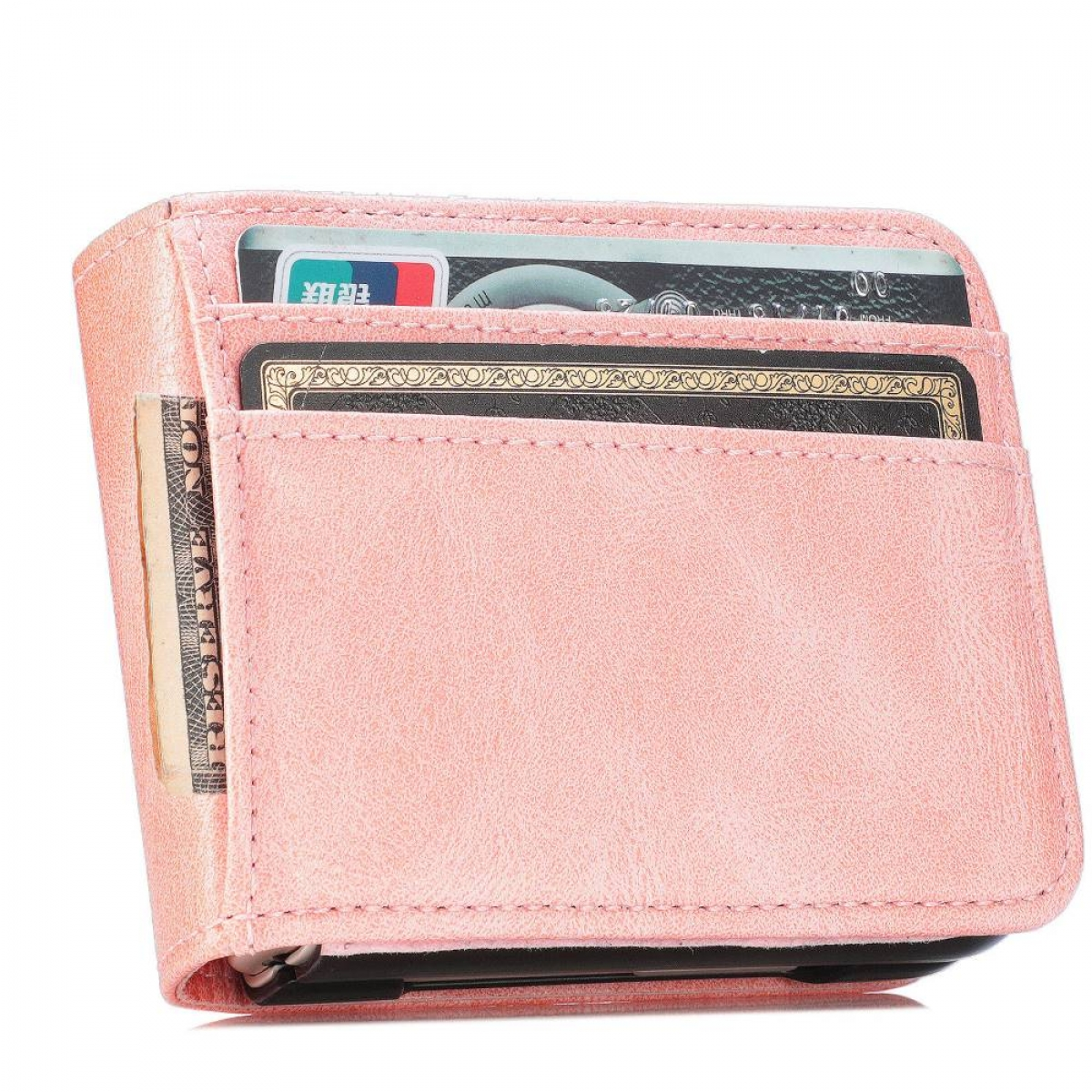 Ein rosa Leder-Portemonnaie wird gezeigt, mit Karten und Bargeld, die in den Taschen sichtbar sind.