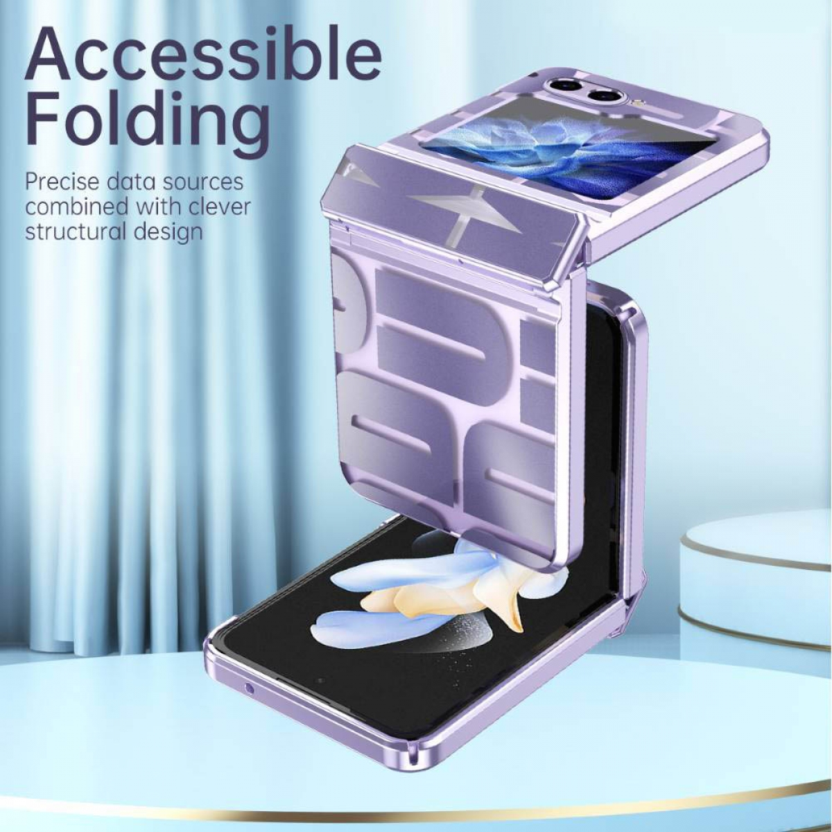 Lila Handyhülle zum Zusammenklappen, geöffnet und abgewinkelt. Textüberlagerung: Accessible Folding.