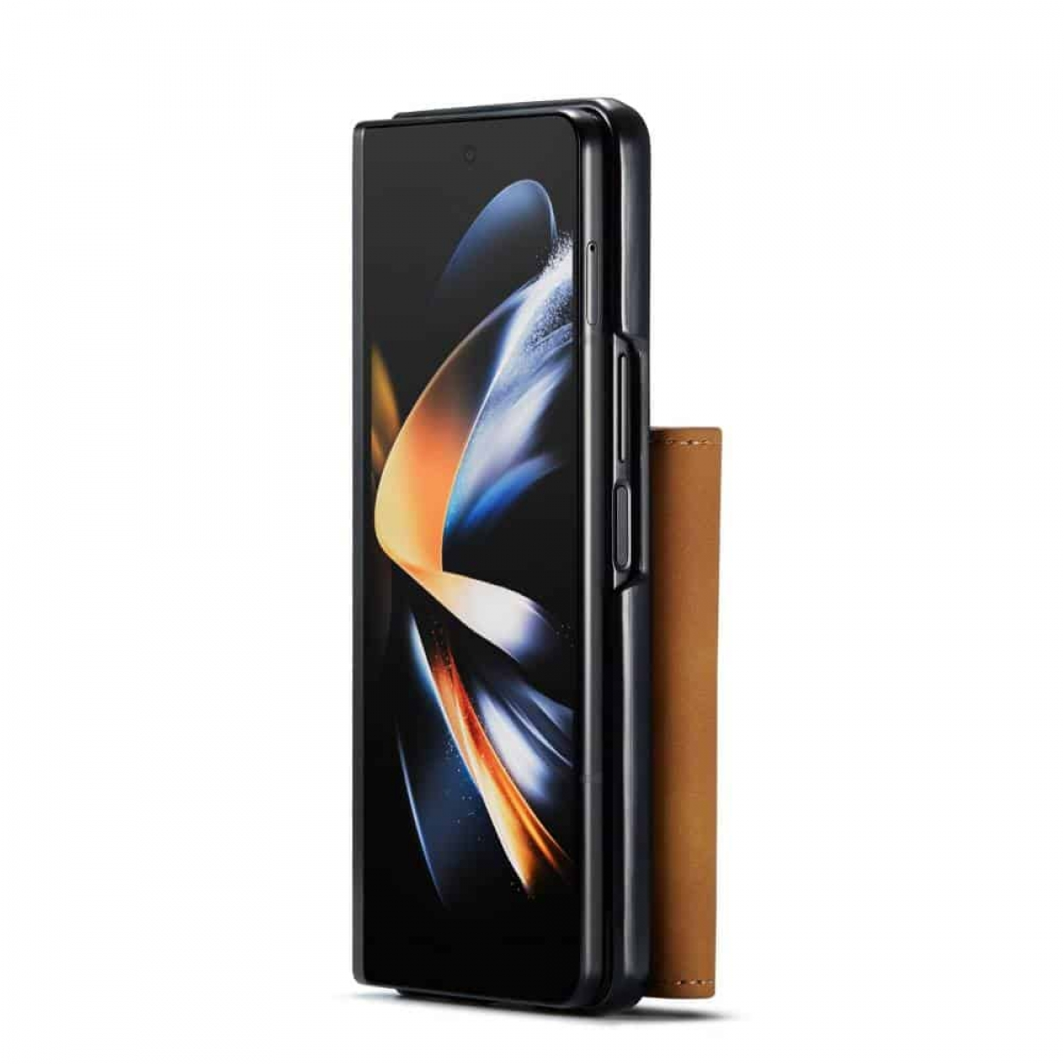 Ein schwarzes, faltbares Telefon mit einer braunen Brieftasche, geschlossen und auf einem Tisch stehend.