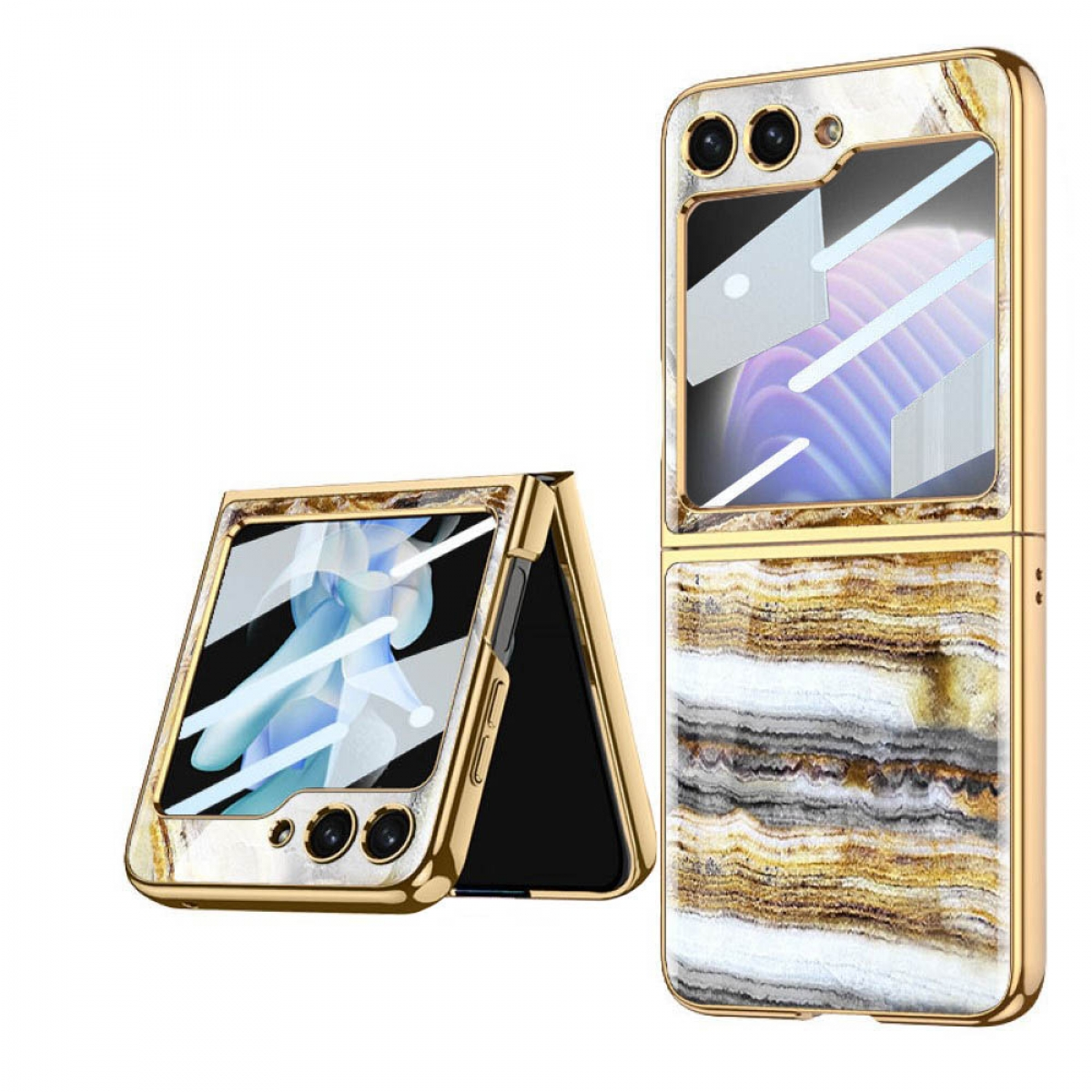 CASEONLINE 5, Marble Flip Samsung, Z Onyx Gold Backcover, Glass Case,