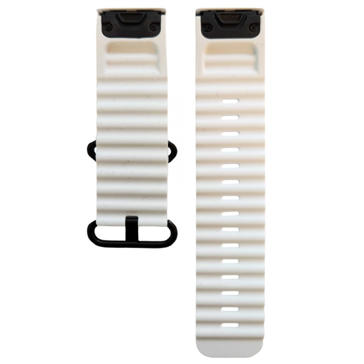 Weißes und schwarzes Armband mit strukturiertem Muster und schwarzen Anschlüssen.
