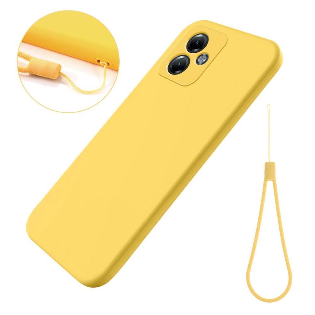 Eine gelbe Handyhülle mit Lanyard auf weißem Hintergrund. Das Telefon ist abgewinkelt.
