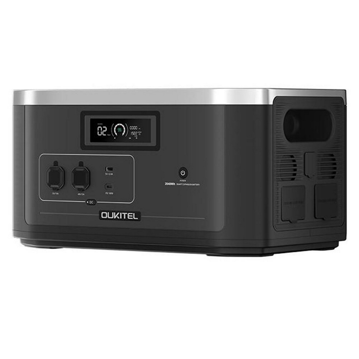 Eine tragbare Stromstation in Schwarz und Silber mit Anschlüssen und einem Display.