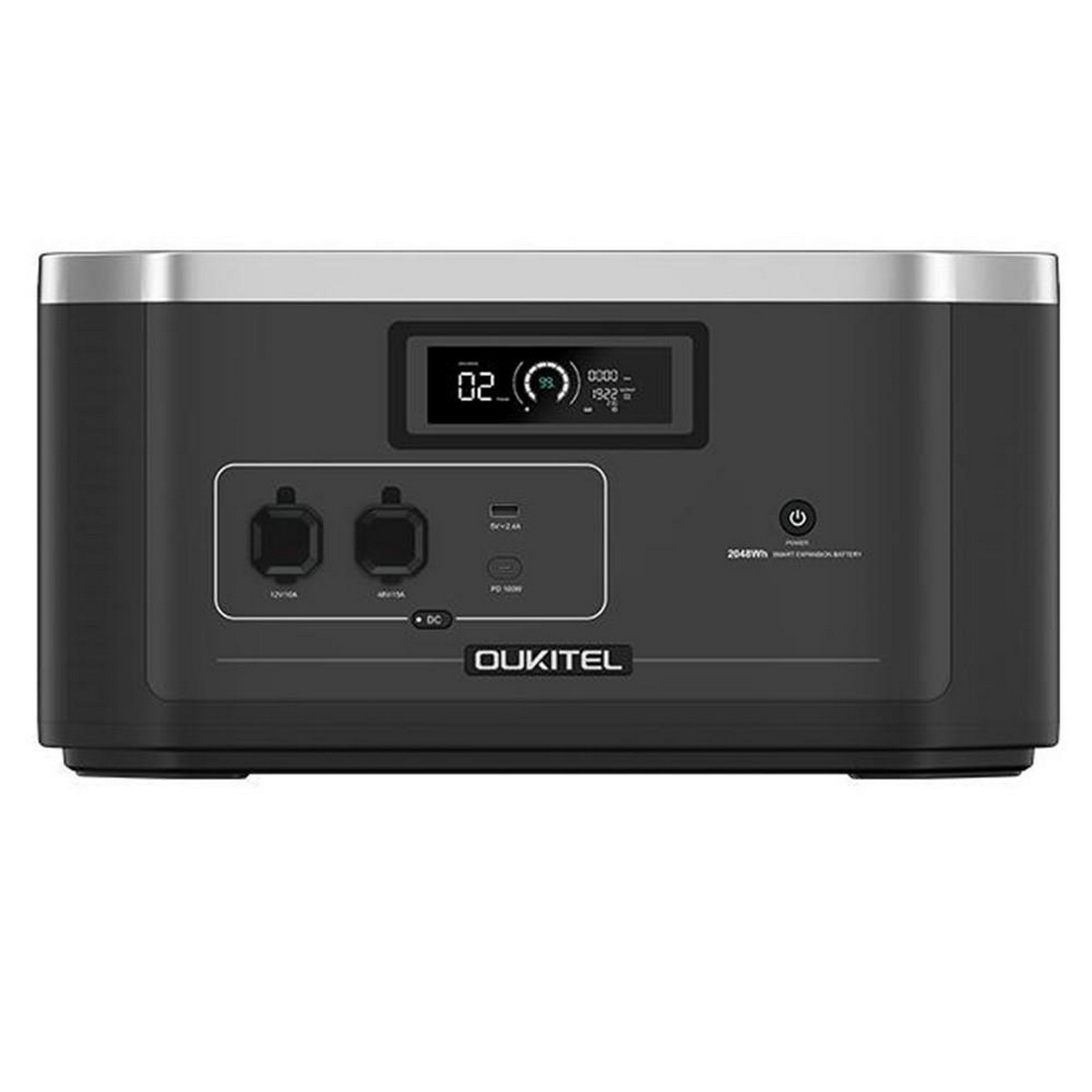Eine schwarze und graue Oukitel-Powerstation mit digitaler Anzeige und Anschlüssen.
