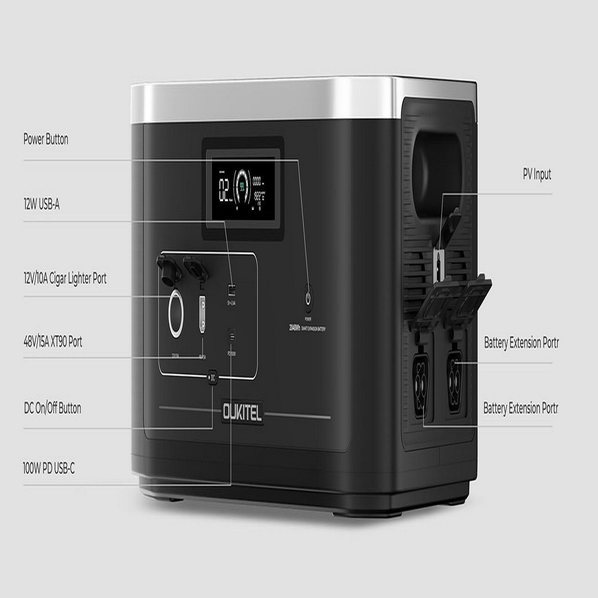 Schwarze Powerstation mit beschrifteten Anschlüssen und Tasten, weißer Hintergrund.