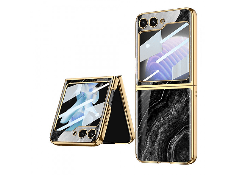 Case, Black Z CASEONLINE 5, Samsung, Marble Backcover, Glass Flip Abstract