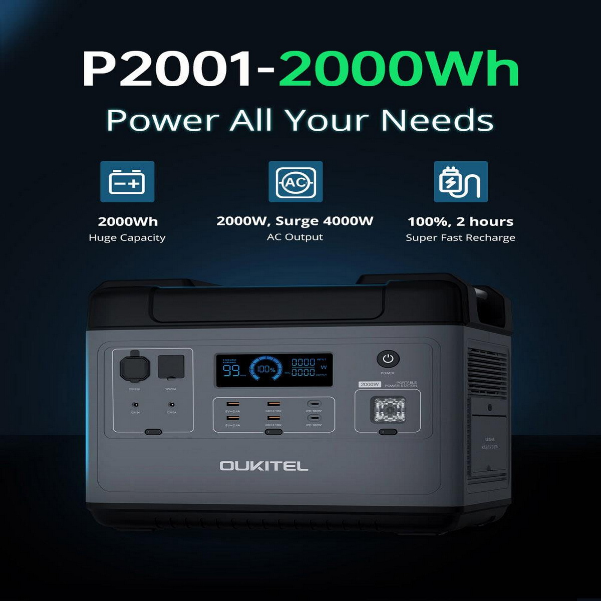 P2001 OUKITEL Stromzeuger grau 2000Wh 2000W