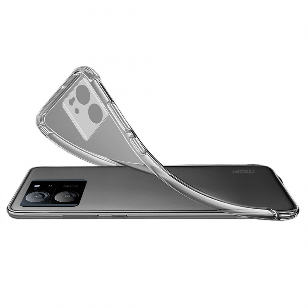 Transparente Handyhülle über einem Telefon. Das Telefon liegt. Die Hülle bedeckt die Kamera des Telefons.