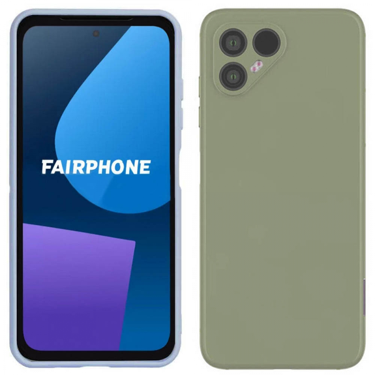 Ein Telefon mit grünem Rücken und blau umrandetem Bildschirm, das das Wort FAIRPHONE zeigt.