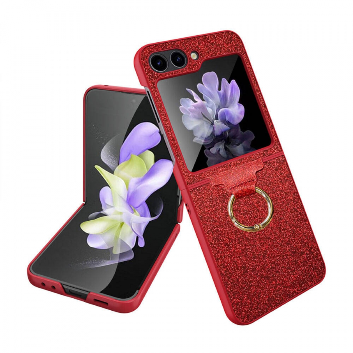 Rote glitzernde Handyhülle, mit offenem Display und einem Ringhalter. Weißer Hintergrund.