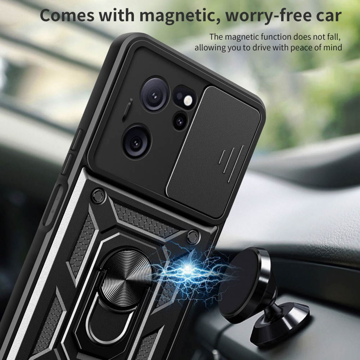 Schwarze Handyhülle mit Kameraschutz. Eine magnetische Autohalterung wird gezeigt. Text sagt 'sorgenfrei'.