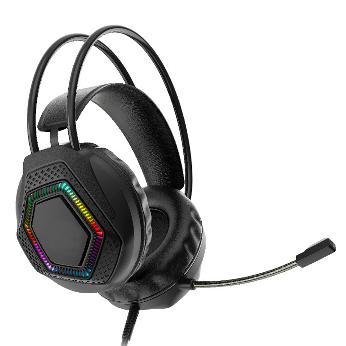 Schwarzes Gaming-Headset mit Mikrofon und RGB-Beleuchtung an den Ohrmuscheln.