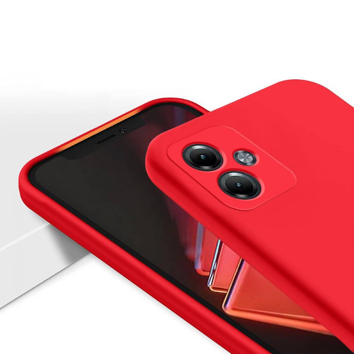 Rote Handyhülle mit Telefon darin. Die Hülle hat zwei Kameralöcher.
