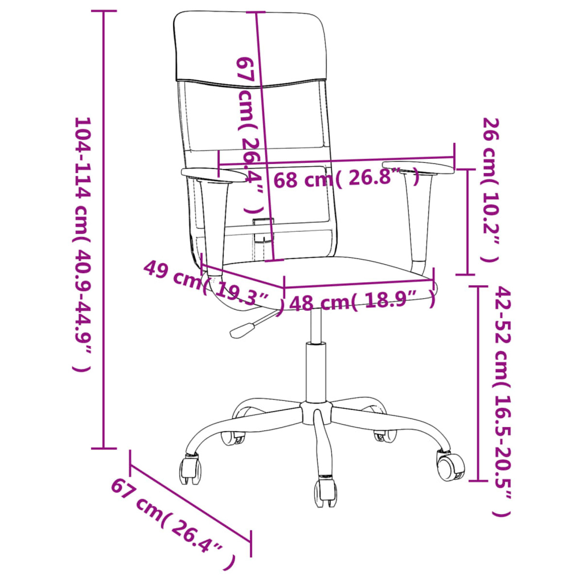 Diagramm eines Bürostuhls mit Maßen in cm und Zoll für Höhe und Breite.