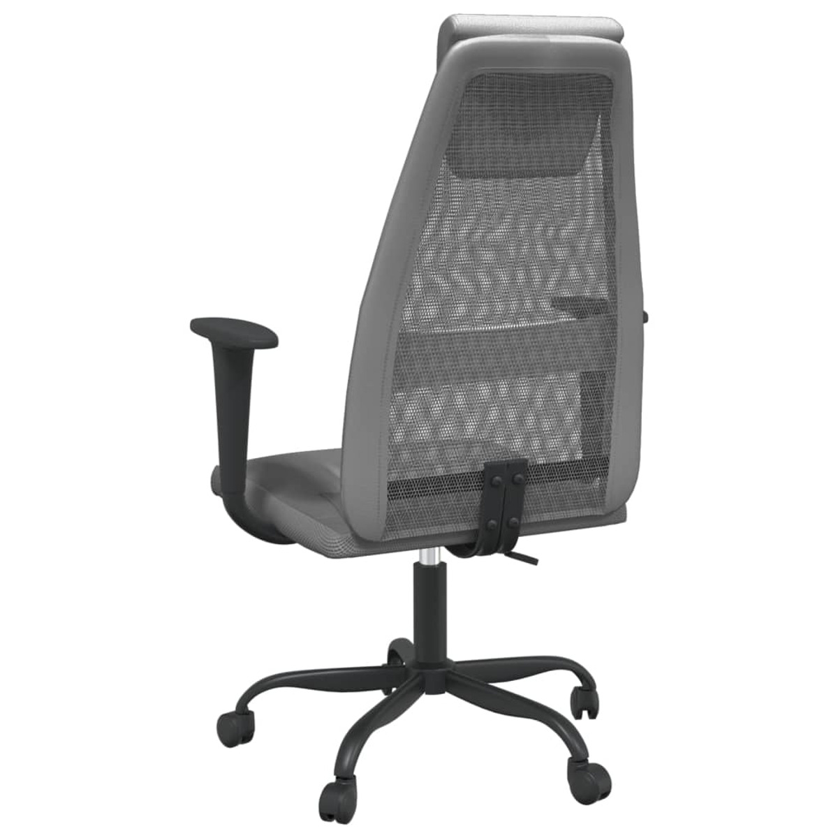 Grauer Bürostuhl von hinten, mit schwarzen Armlehnen, auf Rädern.