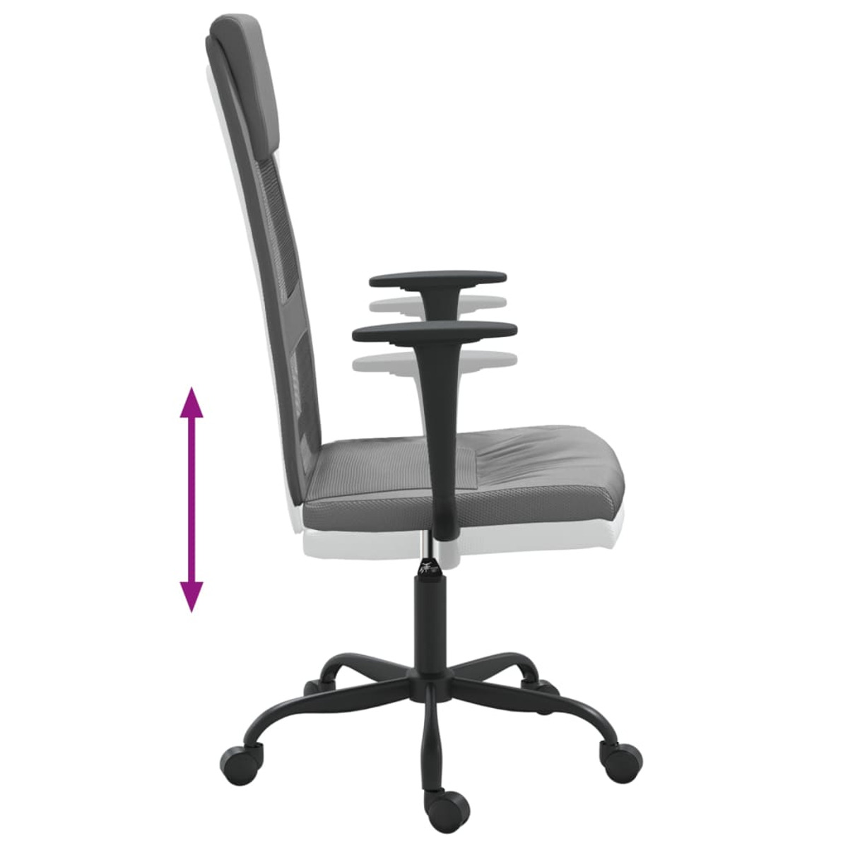 Seitenansicht eines Bürostuhls mit einstellbarer Höhe, durch einen Pfeil angezeigt.